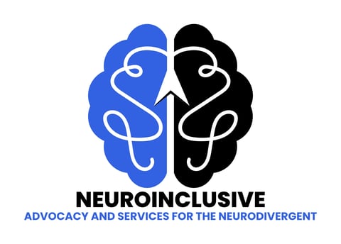 NeuroInclusive logo: split brain design in blue and black with white line art, representing neurodiversity advocacy and services